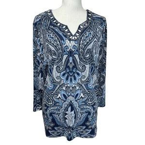 💥2/$15 Alfred Dunner blue grey white ethnic print rhinestone sequin bead…